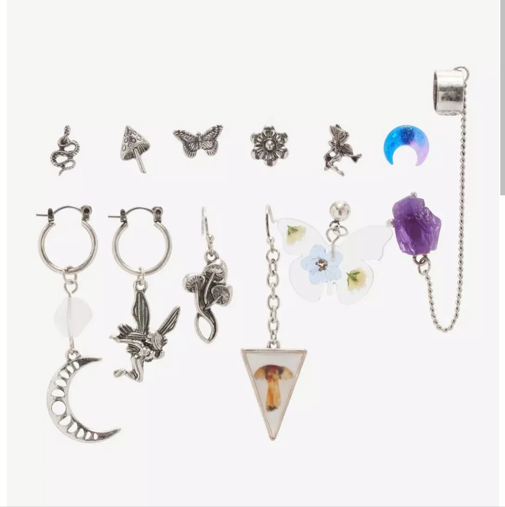 Mushroom Crystal Butterfly Mismatch Earring Set